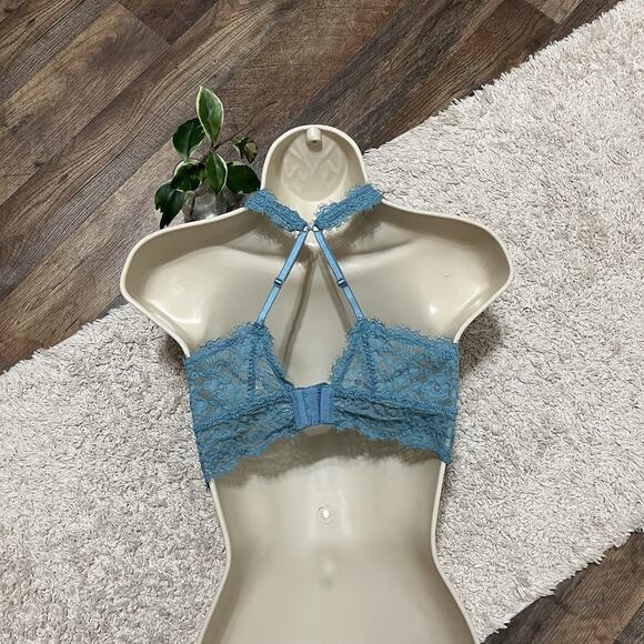 Aerie Teal Blue Eyelash Lace Mesh Wireless Padded Plunge J-Hook Bralette - Picture 6 of 6